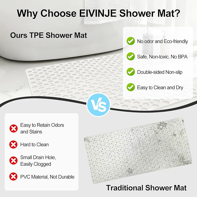 Anti Slip Shower Mat with Suction Cups,27x27 Inch Quick Drain TPE Non Slip Shower Mats for Inside Shower,Large Bath Mat for Shower Soft on Feet, Easy to Dry&Cut Machine Washable