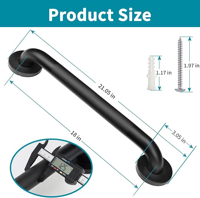 Shower Grab Bars for Seniors, 18 Inch Matte Black Bathroom Handle for Wall, Stainless Steel Anti Slip Bathtub Safety Bar, ADA Compliant 500 LBS Hand Rail for Elderly, Handicap
