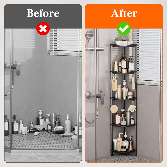 Lifewit Floor Standing Shower Caddy Corner, 5 Tier Plastic Shower Stand Rack with Adjustable Feet and Hooks, Rustproof Bathroom Shelf Organizer, Black，34 x 24 x 139 cm/13 x 9.5 x 55 inch
