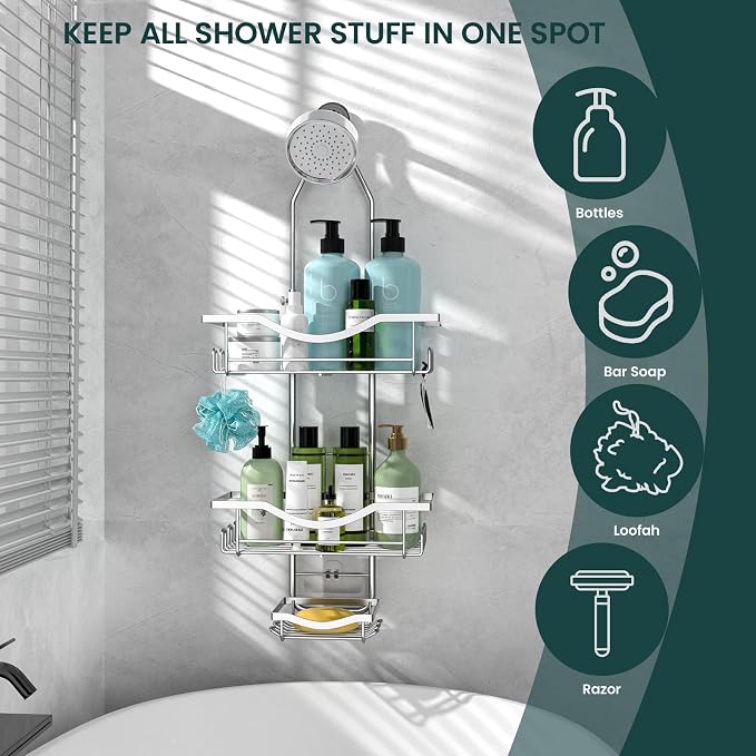 Shower Caddy Hanging Adjustable Shower Caddy, Rustproof Shower Organizer Extended Length Showers Caddy Over Shower Head with Hooks Soap Holder, Large Capacity Anti-Swing Bathroom Organizer, Silver