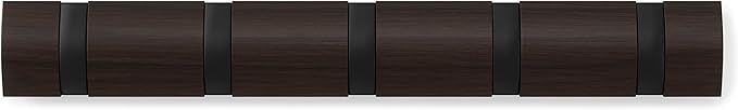 Umbra Flip Wall-Mounted Coat Rack with 5 Hooks – Modern, Space-Saving Storage for Hats, Jackets, Bags, Entryway, Mudroom, Closet, Bathroom, Bedroom – Black/Walnut