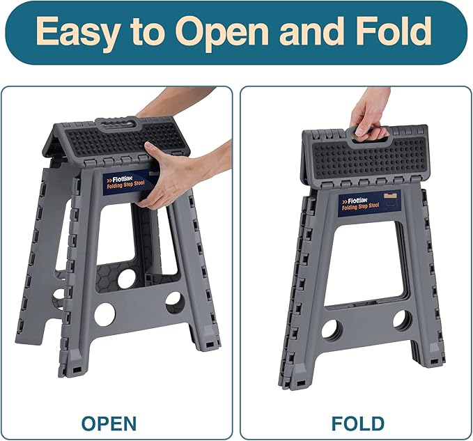 Flottian 18" Folding Step Stool for Adults and Kids Holds Up to 300 lbs,Non-Slip Folding Stools with Handle, Compact Plastic Foldable Step Stool for Bathroom,Bedroom, Kitchen,Gray,1PC