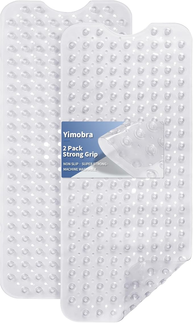 Yimobra 2-Pack Non Slip Bathtub Mat 40 x 16 Inch, Extra Long Shower Mat with Drain Holes, Machine Washable Baby Bath Mats, Strong Suction Cups for Bathroom Floor, Clear