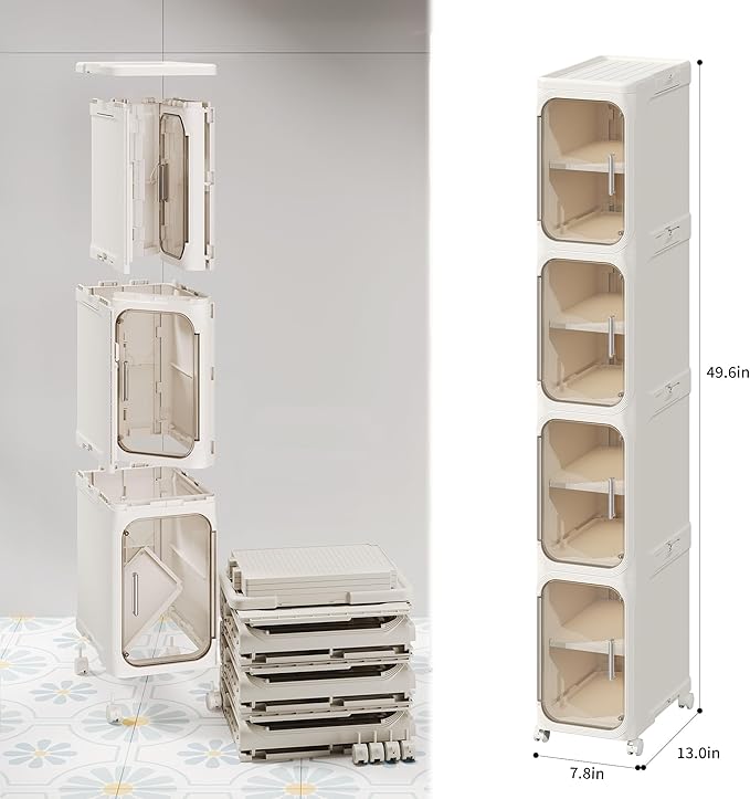 LXLXXL 4-Tier Narrow Storage Cabinet Slim Bathroom Storage Cabinet with Movable Wheels Tall Bathroom Organizer Skinny Cabinet for Small Spaces，Beige