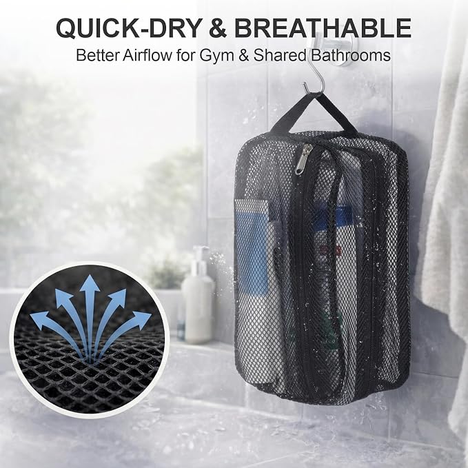 F-color Mesh Shower Caddy Portable with Zipper - 2 Pockets Small Shower Bag Tote for Camping, Gym, Travel, Toiletry, Quick Dry Bathroom Essentials with S Hook, Black