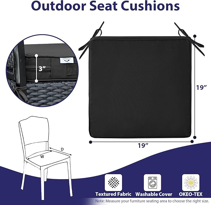 IPYNBAP Outdoor Chair Cushions Set of 4 -Waterproof Outdoor Seat Cushions for Patio Furniture, Patio Chair Cushion with Handle and Ties, Out Door Chair Pads,19x19x3-Square, Black