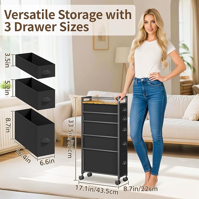 LASZOLA 5 Drawer Narrow Dresser Slim Cabinet Skinny Storage Tower Chest, Ideal for Small Spaces Bathroom, Between Washer and Dryer, Lightweight Mobile on Wheels, Sturdy Fabric Drawers, Black