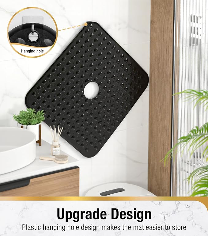 HITSLAM Shower Bathtub Mat Non Slip, 24"x 24" Bath Mat for Tub, Soft PVC Shower Mats for Inside Shower with Suction Cups and Center Drain Hole, Machine Washable Bathroom Floor Mat, Black