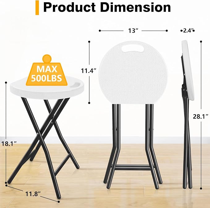 TAVR Furniture Portable Folding Chair with Handle, Heavy Duty Round Fold Stool Chair with 500lbs Capacity for Adults, 18 Inch Foldable Stool for Dorm, Kitchen, Vanity, Church and Outdoor use