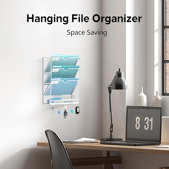 Wall File Organizer - Hanging File Organizer with 5 Hooks, Mail Holder Wall Mounted for Papers, Folders, Magazines, Bills, 4 Tier Office&School Organization, White