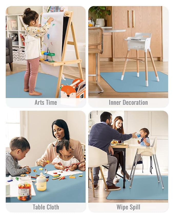 Blissful Diary Baby Splat Mat for Under High Chair, 50.4 x 50.4 Inch Wipeable Splash Mat, Waterproof and Washable, Anti-Slip Floor Protector, Slate Blue