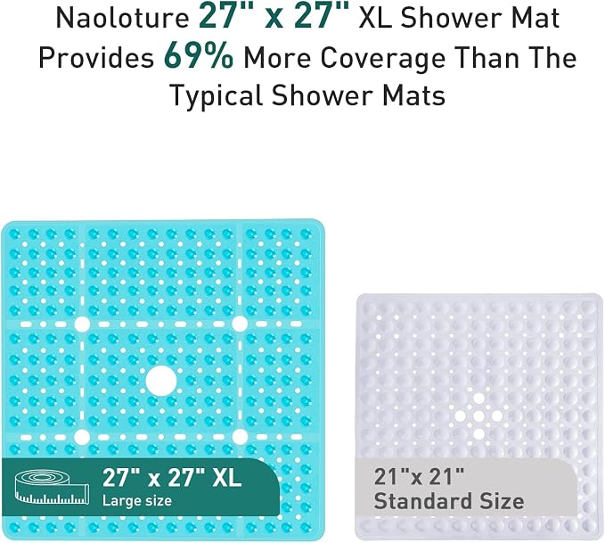 Large Square Shower Mat 27 x 27 Inch Clear Green, Non Slip Shower Bathtub Mats for Inside Shower with Big Suction Cups Drain Holes, Anti Slip Bathroom Floor Stall Mats, Easy Clean, BPA-Free