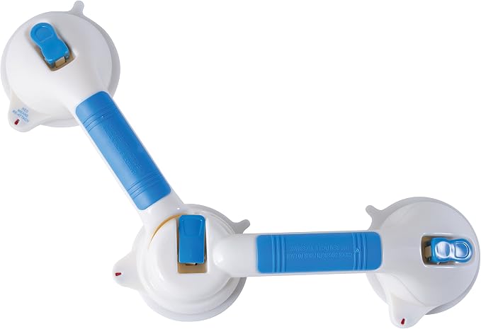 MABIS Shower Grab Bar, Swivel Bathroom Safety Grab Bar, Suction Cup Grab Bar with Safety Indicator, Easy No Tool Assembly, 19.5 Inches, Blue and White