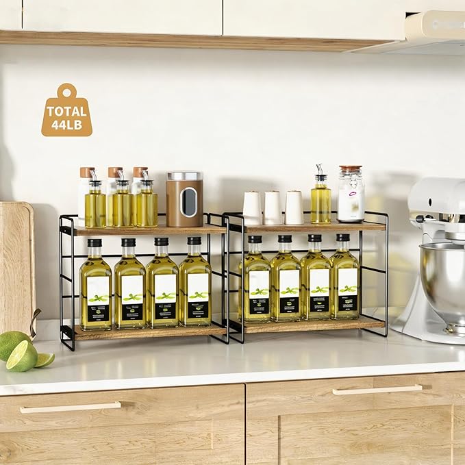SRIWATANA 2 Pack Bathroom Counter Organizer, 2 Tier Countertop Organizers, Kitchen Counter Shelf Spice Rack Countertop Storage Wood Shelf - Carbonized Black