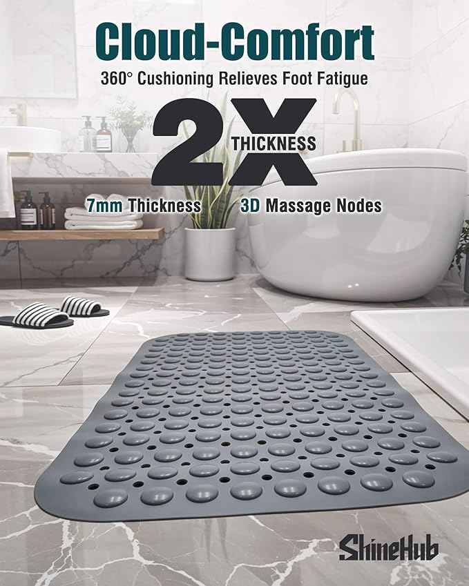 Non Slip TPE Bath Mat, Heavy Non Floating Shower Mat, 28x16, Gray | Strong grip, 166 suctions, 144 drains, 7mm extra-thick cushioned layer, washable, for bathroom shower tub floor
