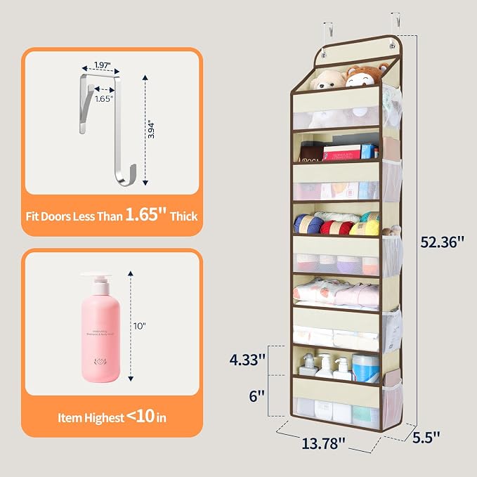 Yecaye Over The Door Organizer Storage, 5-Tier Heavy Duty Door Organizers Hanging with 10 Side Mesh Pockets, 44 lbs Load Capacity Behind Door Storage for Bathroom Nursery Bedroom Dorm Closet,Beige,1Pc