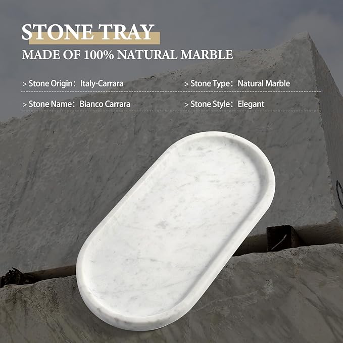 Koville Natural White Marble Tray for Home Decor, 10" x 5" Marble Vanity Tray for Bathroom Countertop Organizer Stone Trays, Catchall Tray for Perfume, Candles, Jewelry (Bianco Carrara)
