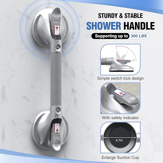 DAILYLIFE Grab Bars for Bathtubs and Showers, 17 inch Shower Handles for Elderly Suction, 300lbs Safety Shower Grab bar for Seniors and Elderly, Silver(1 Pack)