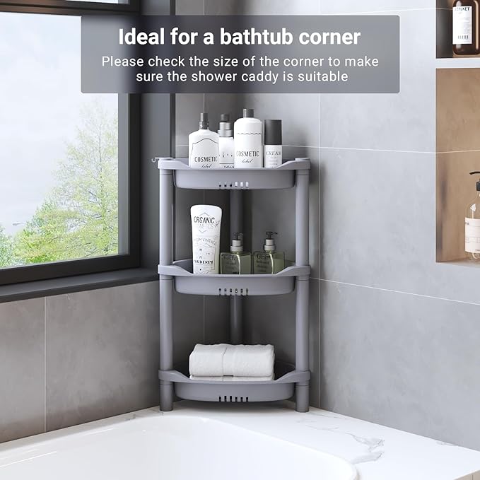 ELYKEN 3 Tier Shower Caddy Organizer Shelf Corner, 14.4 x 11.2 x 22.4 Inches, Rustproof, Plastic Shower Rack Stands for Inside Bathroom, Bathtub, Shower pan, Grey