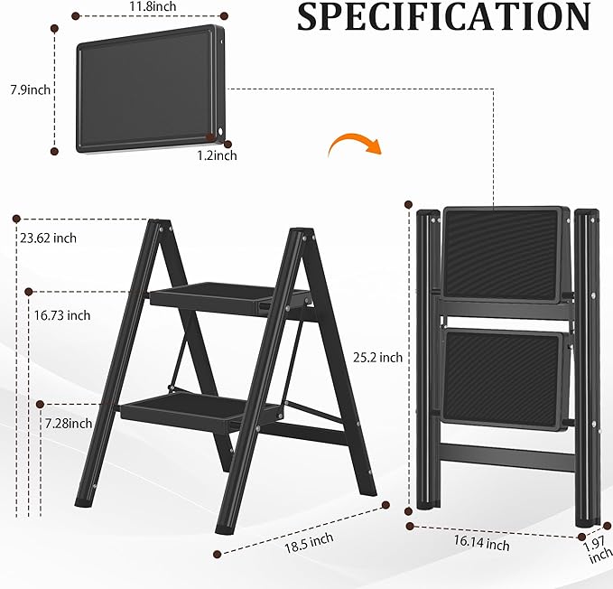 2 Step Ladder, Folding Step Stool with Anti-Slip Wide Pedal, Anti-Slip Feet, Sturdiest Steel Construction, 330lbs Capacity Steel Ladder for Home and Office
