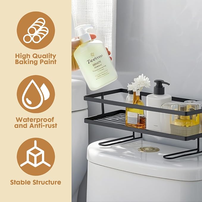 PowerKing Over The Toilet Storage Shelf, Bathroom Organizer Rack with 2 Hooks, No-Drill, Rust-Resistant Steel, Toilet Paper Holder for Restroom Bathroom, Black