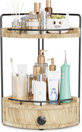 2-Tier Corner Bathroom Counter Organizer with Drawer & Embedded Screw Holes - Wooden Countertop Organizers for Skincare, Makeup Storage, Bathroom Sink Counter Shelf for Vanity, Kitchen, Wood color