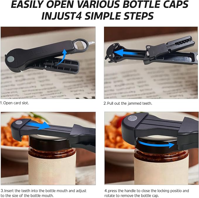 Jar Opener for Seniors with Arthritis, 7 in 1 Bottle Opener and Wine Corkscrew, Easy Grip Kitchen Gadget for Weak Hands Elderly, Retractable Jaw Lid Opener with Magnetic Storage (Black)