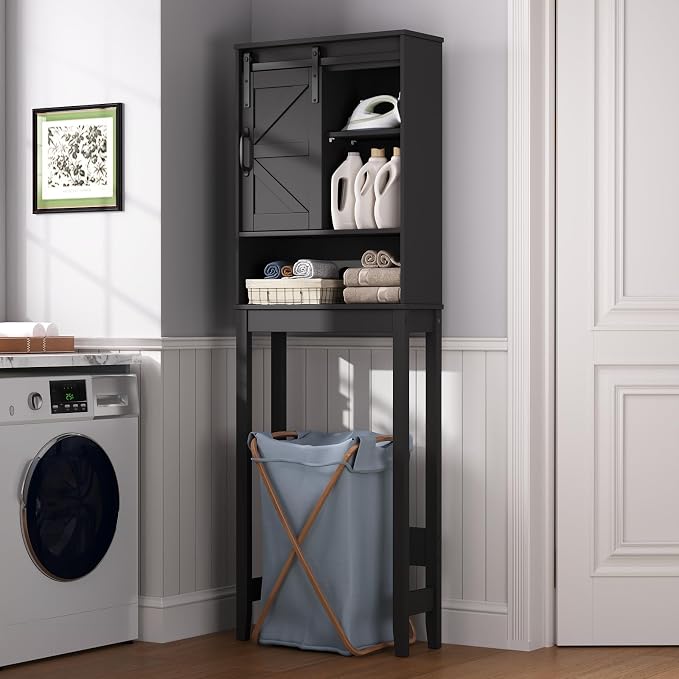 Over The Toilet Storage Cabinet, Bathroom Organizer with Adjustable Shelves and Anti-Tip Device, Space-Saving Storage Solution, Black