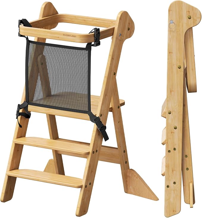 COSYLAND Foldable Kids Step Stool - iF Design Award Standing Tower with Safety Net & 2 Large Side Support Legs - Adjustable Height Toddler Ladder for Kitchen Counter/Bathroom Sink -(Natural)-Foldi