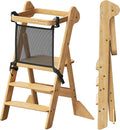 COSYLAND Foldable Kids Step Stool - iF Design Award Standing Tower with Safety Net & 2 Large Side Support Legs - Adjustable Height Toddler Ladder for Kitchen Counter/Bathroom Sink -(Natural)-Foldi