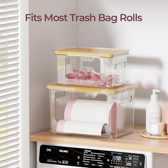 Delamu Acrylic Trash Bag Holder, 2 Pack (XL+S) Stackable Garbage Bag Dispenser, Clear Organizer Bins for Under Sink Organization, Pantry Storage, Cabinet, Kitchen, Laundry, Bathroom