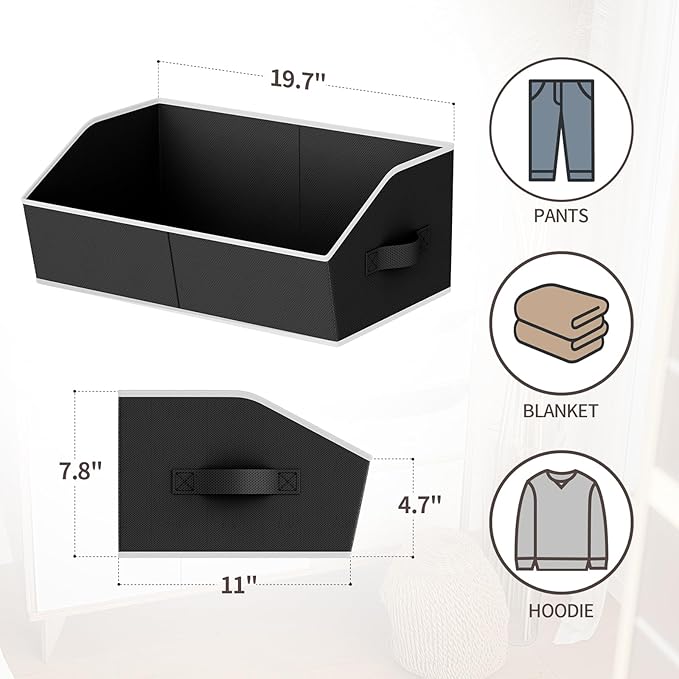 Homsorout Storage Bins for Shelves - Large Trapezoid Closet Shelf Organizer, Fabric Organization Bins with Handles, Storage Baskets for Clothes, Towel, Blanket, 6 Pack, Black