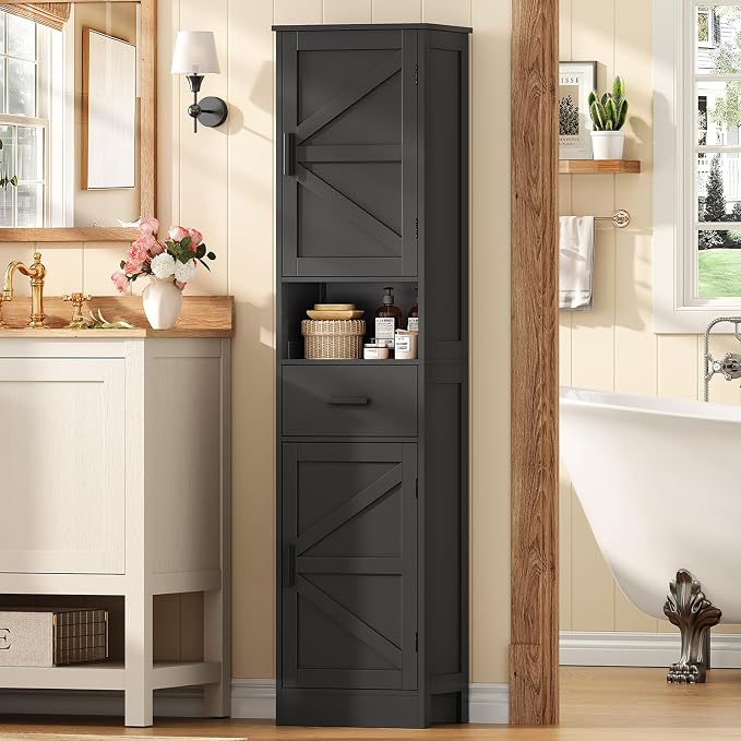 TEENFON Tall Bathroom Storage Cabinet with Barn Doors, Narrow Bathroom Cabinet with Drawer, Narrow Storage Unit, Adjustable Shelves, Floor Cabinets for Living Room, Entryway, Kitchen, Black