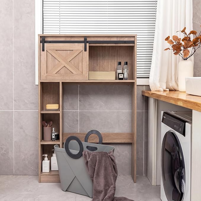 Giantex Over The Toilet Storage Cabinet - Freestanding Bathroom Organizer with Sliding Barn Door & Storage Shelves, Multifunctional Bathroom Toilet Rack for Bathroom, Restroom, Laundry (Rustic Brown)