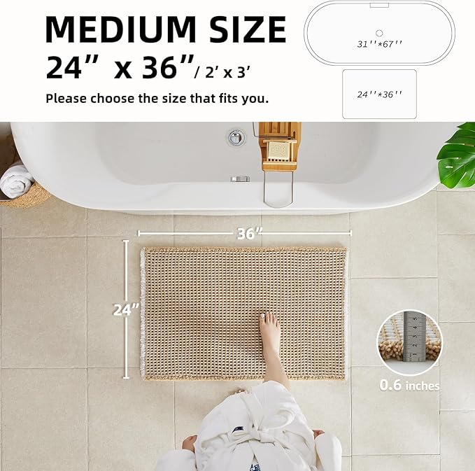 TYUU Waffle Bath Mat, Boho Bathroom Rugs Non Slip Washable Super Absorbent Quick Dry Bath Mat Farmhouse Bathroom Decor, 36"x24" Khaki and White
