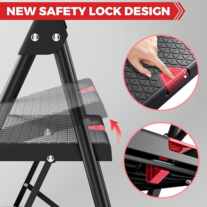 KINGRACK 4 Step Ladder,Folding Step Stool with Handrail, Anti-Slip Wide Pedals, Safe-Lock Design, Pass 800lbs Load Testing, Foldablel Step Stool for Home, Kitchen, Black