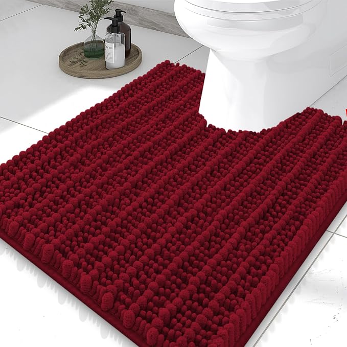 Smiry Bathroom Toilet Rugs U Shaped 24x20, Extra Soft Absorbent Non Slip Rubber Backing Chenille Contour Bath Rugs for Toilet, Machine Washable Contoured Bath Mats, Red