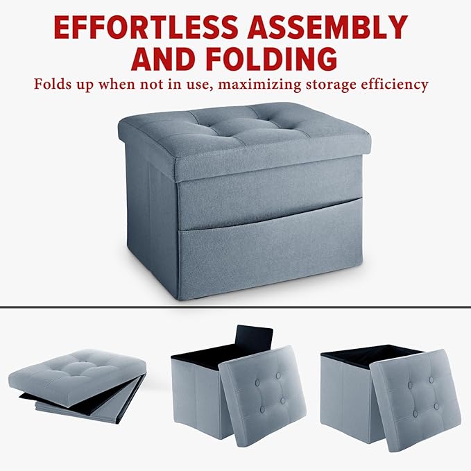LINMAGCO Storage Ottoman Folding Foot Stool Ottoman with Side Pocket Modern Short Sofa Stool Linen Cloth 17x13x13(FogBlue)