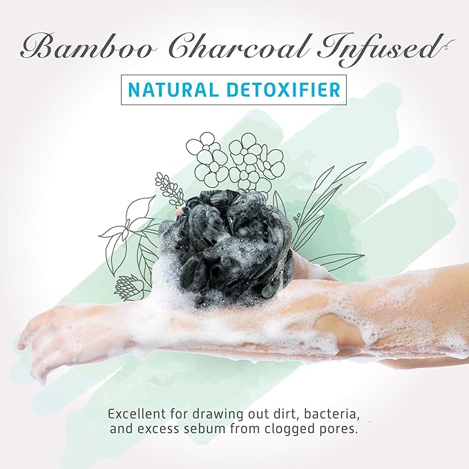 Spongentle Shower Loofah Bath Sponge, Body Scrubber with Soft Mesh, Exfoliating Bath Pouf with Activated Charcoal, Bath Sponge for Women & Men, Bath Accessories for Scrubber Cleaning Tool, 60g 4 Pack