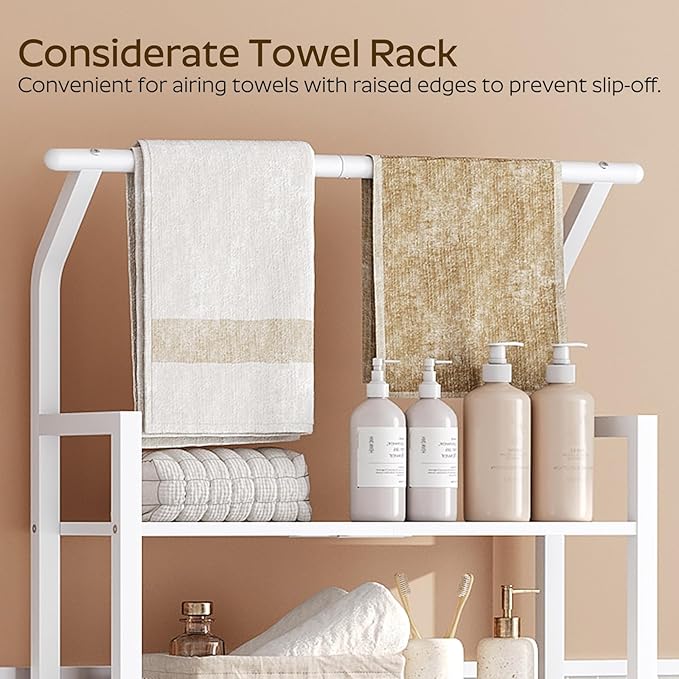 YATINEY 2-Tier Over The Toilet Storage, Multifunctional Vertical Over Toilet Bathroom Organizer, Freestanding Bathroom Storage Shelves with Hooks, Bathroom Organizer, Rustic Brown and Black TR01WT
