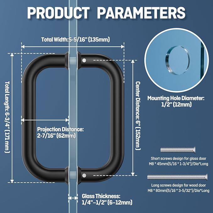Ranbo Matte Black 6" （CTC） Tubular Back-to-Back Shower Door Handle，Heavy-Duty 1.0mm Thick 304 Stainless Steel, for 1/4"- 1/2" Thick Glass and 1-3/8" - 2-1/6" Thick Wooden or Metal Doors