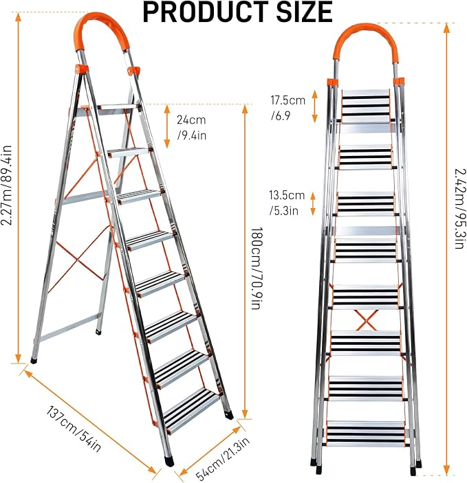 8 Step Ladder, 330lbs Load Capacity, Carbon Steel Step Stool with Non-Slip and Widen Pedals, Step Ladder with Safe Handrail, Space Saving for Home, Kitchen, Indoor & Outdoor