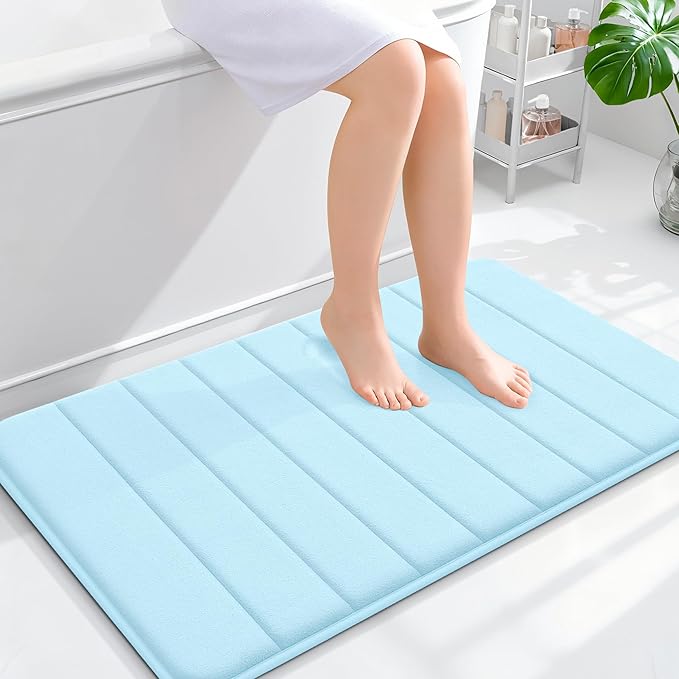 OLANLY Memory Foam Bath Mat 35x24, Super Soft Absorbent Bathroom Rugs, Quick Dry, Machine Washable Shower Floor Rugs, Bathmat Carpet, Bathroom Home Decor Accessories, Sky Blue