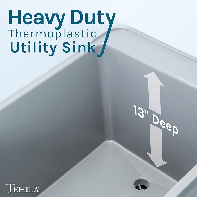Grey Space Saver Utility Sink by JS Jackson Supplies, Freestanding Tehila Space Saving Laundry Tub, Matte Black Pull-Down Faucet, Soap Dispenser