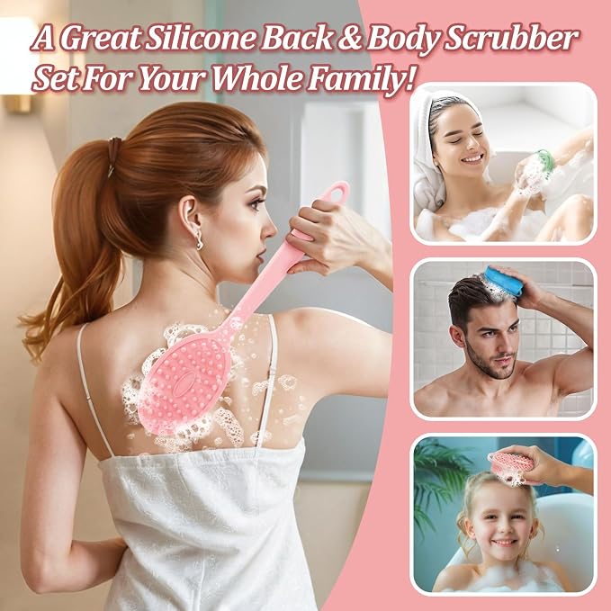 Silicone Back & Face Scrubber & Bath Glove Set 3PCS, 13.4'' Gentle Back Scrubber with Dual-Side Head, 360° Anti-Slip Bath Glove, Unique Side-bristled Face Scrubber for All-Round Cleaning(Pink)