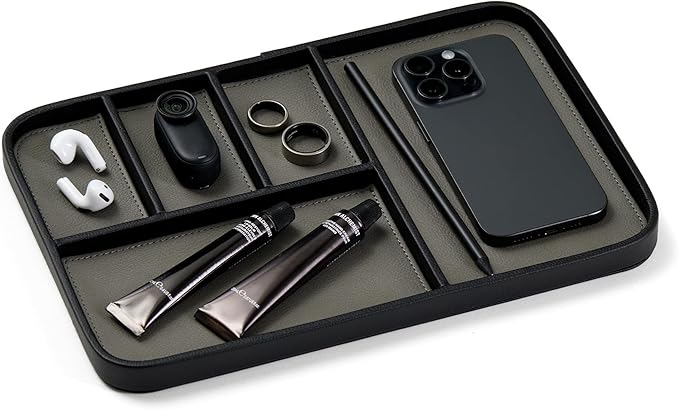 Nordik Leather Valet Tray - Pebble Black - 11.8x7.9 Inch Large Vegan Leather Tray - Stylish Nightstand Organizer for Men - Modern Bedside Caddy - EDC Catchall for Key Watch Wallet Jewellery