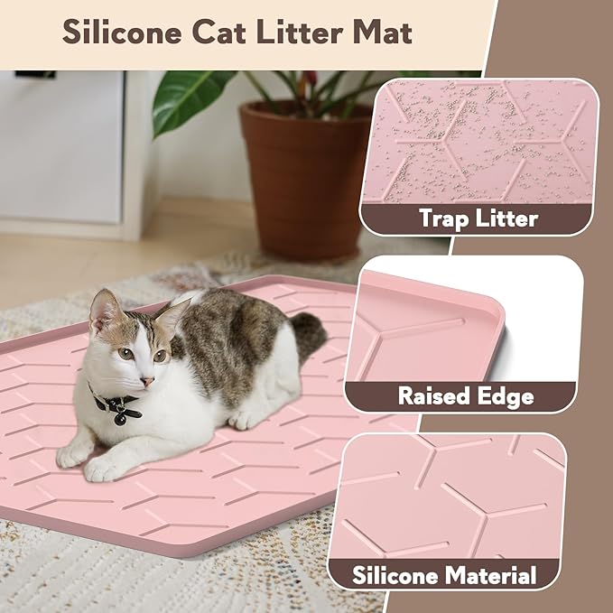Garoopion Silicone Cat Litter Trapping Mat, Large Waterproof 34" X 22" Cat Litter Box Mat, Easy to Clean, Pink