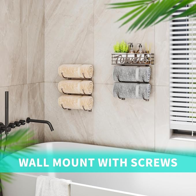 HapiRm Towel Racks for Bathroom Storage - 6 Tier Over The Door & Wall Mount Rolled Towel Storage Organizer Holder with Metal Shelf Basket for Small Bathroom, Camper, Rv - Patented