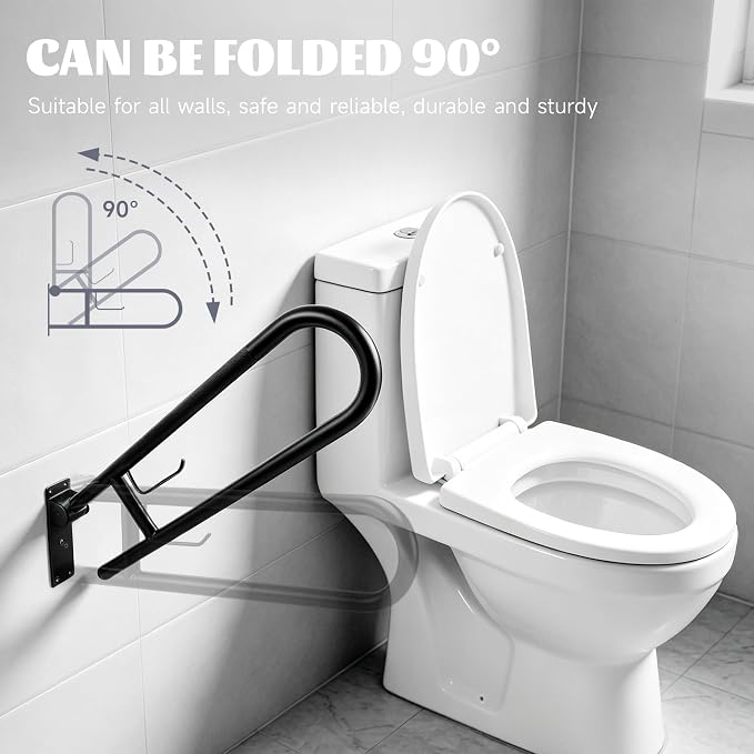 22.5 Inch Toilet Grab Bar, HUAS Black Anti Slip Bathroom Toilet Safety Rails, U Shaped Flip-Up Handicap Grab Bars w/Paper Holder, Stainless Steel Support Handrail for Elderly Disabled Senior