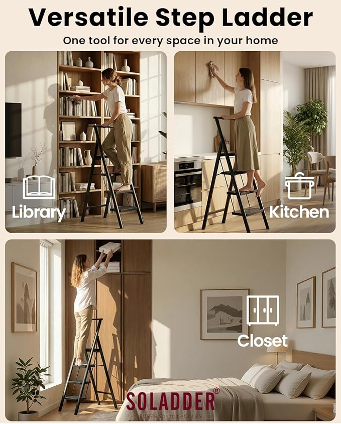 SOLADDER 4 Step Ladder with Handrails, Anti-Slip and Foldable Step Stool with Widen Pedals, Portable Stepladders for Home, Kitchen and Indoor, Space Saving -300lbs (Black)